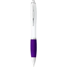 Set 100 pixuri Nash personalizate, plastic, corp alb si grip violet, cerneala scriere neagra