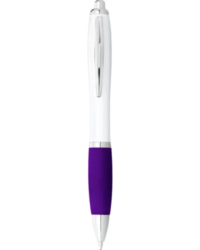 Set 100 pixuri Nash personalizate, plastic, corp alb si grip violet, cerneala scriere neagra
