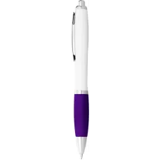 Set 100 pixuri Nash personalizate, plastic, corp alb si grip violet, cerneala scriere neagra