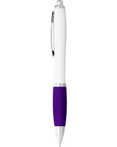 Set 100 pixuri Nash personalizate, plastic, corp alb si grip violet, cerneala scriere neagra