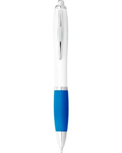 Set 100 pixuri Nash personalizate, plastic, corp alb si grip aqua blue, cerneala scriere neagra